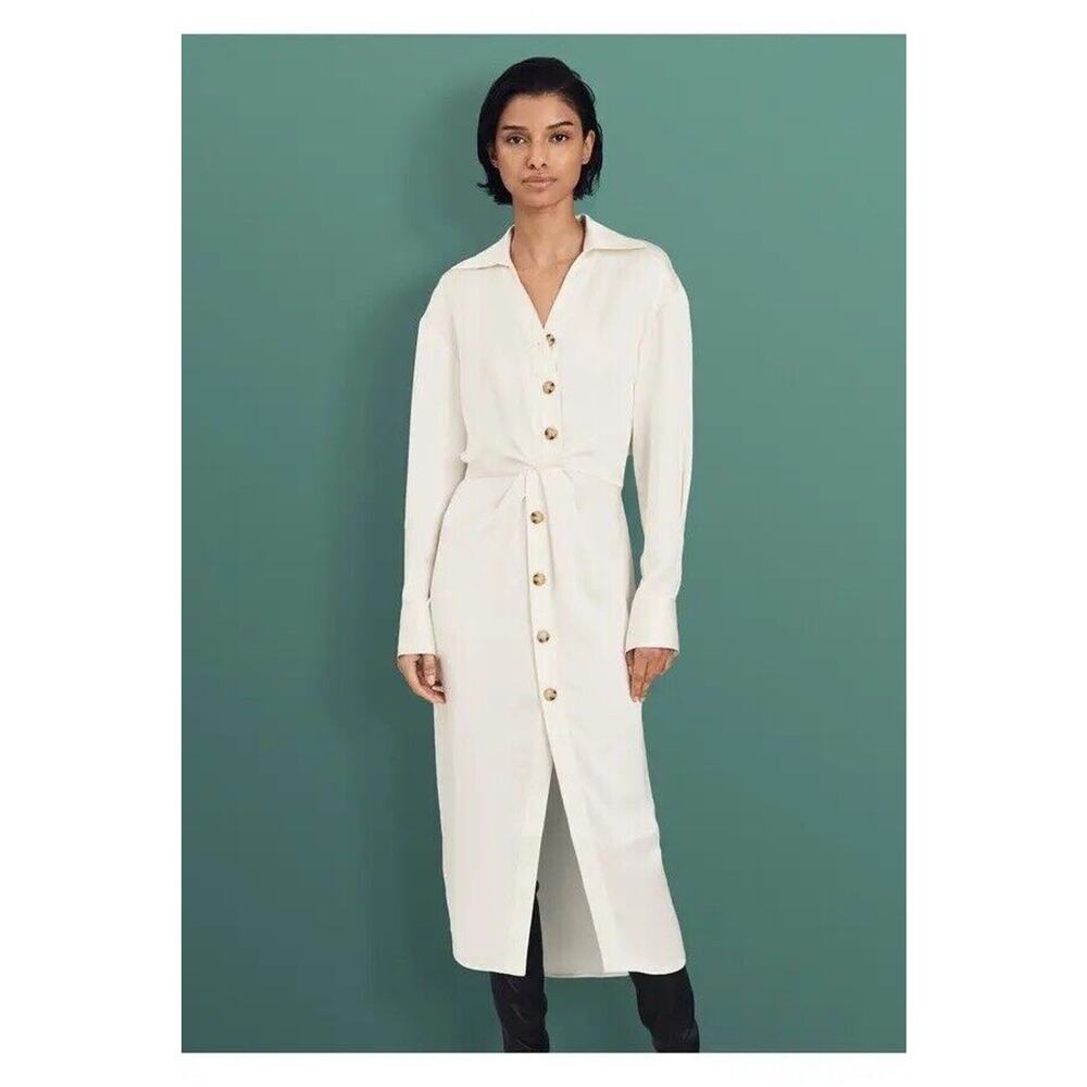 DEREK LAM 10 CROSBY Emmaline Twist Front Midi Shirt Dress Ivory Cream Size 10